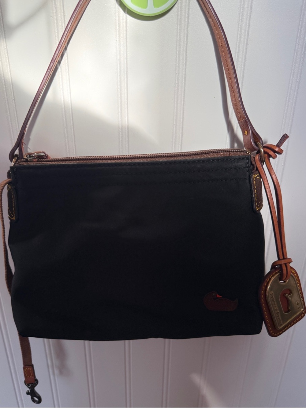 Dooney and bourke Classic Black Nylon Shoulder Bag with Brown Leather Trim